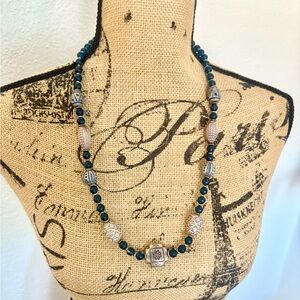 Vintage Artisan 80-90 Blue Brown & Silver Tribal Aztec Statement Beaded Necklace